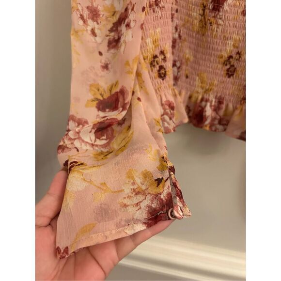 Express smocked floral blouse boho sheer sleeves M cottagecore romantic - Picture 4 of 8